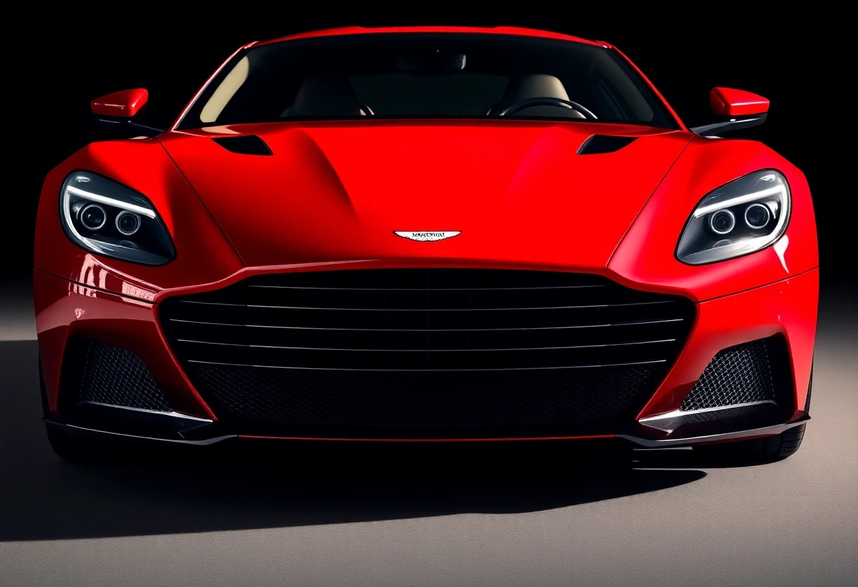 Aston Martin DBS Superleggera, supercar rouge vif, vue de face